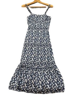 GAP Blue White Floral Tiered Midi Dress Petite 2 Smocked Boho